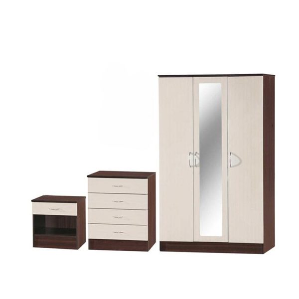 3-Piece Walnut Wardrobe with Mirror Door