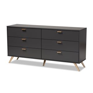 6-Drawer Dresser in Dark Grey and Gold Finished
