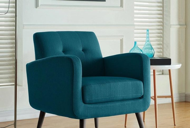 Mid-century Peacock Blue Linen Arm Chair