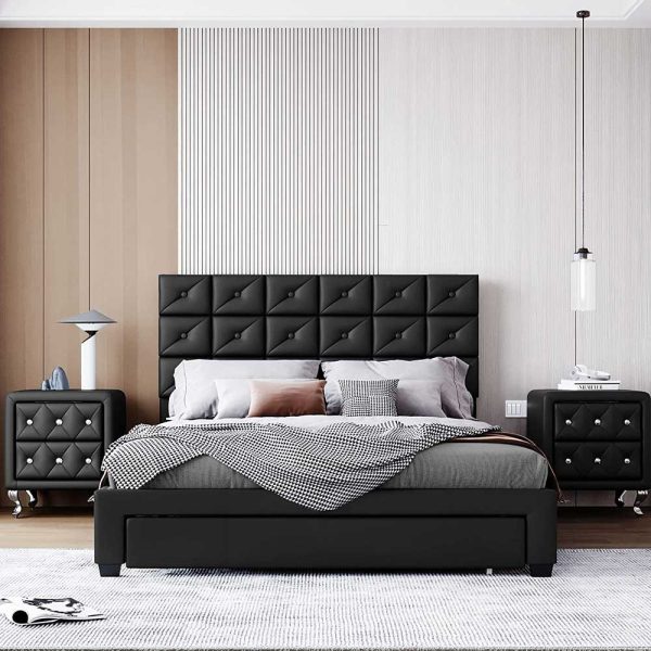 Upholstered Platform Bed with Nightstands